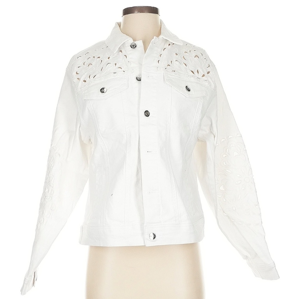 NWT White Denim Jacket Embroidered Cut Outs